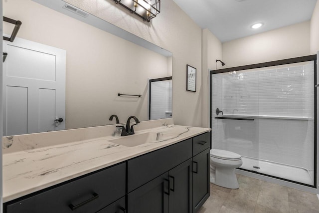 full bath with visible vents, vanity, toilet, and a shower stall