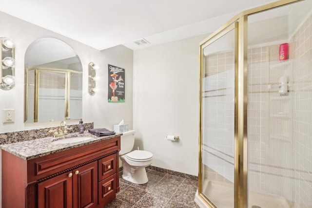 bathroom featuring vanity, visible vents, baseboards, a stall shower, and toilet