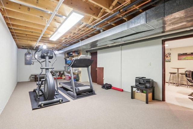 workout room featuring electric panel and carpet flooring