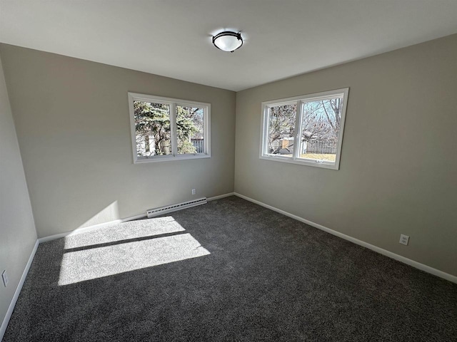 unfurnished room with dark carpet, baseboards, a healthy amount of sunlight, and a baseboard radiator