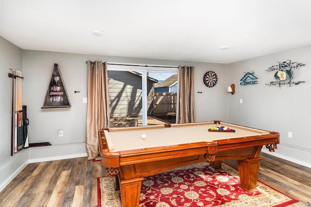 rec room with baseboards, billiards, and dark wood-style flooring