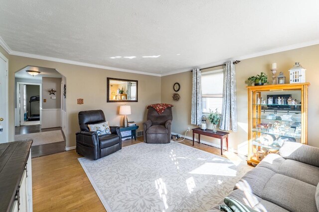 living room with crown molding, light wood-style floors, arched walkways, and baseboards