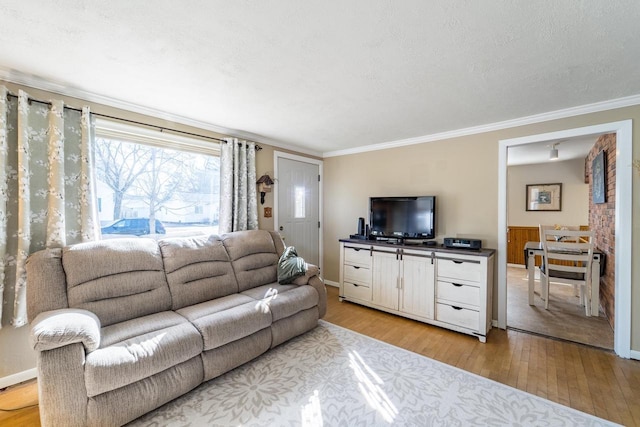 living area featuring baseboards, a textured ceiling, light wood-style flooring, and ornamental molding