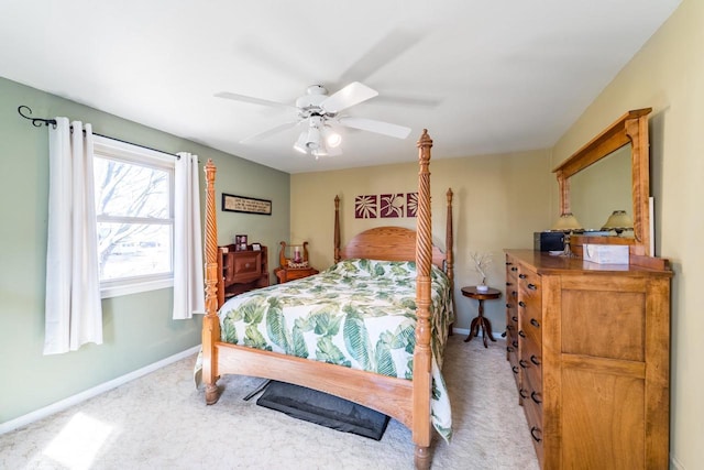 bedroom featuring baseboards, carpet, and ceiling fan