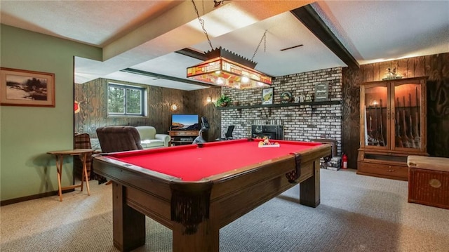 rec room featuring baseboards, beamed ceiling, carpet flooring, a textured ceiling, and billiards