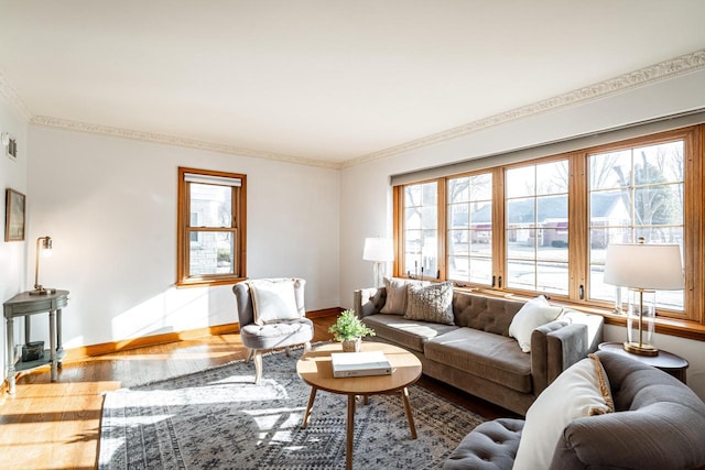 living room featuring wood finished floors, a healthy amount of sunlight, baseboards, and ornamental molding