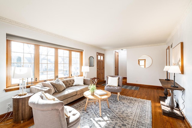 living room with hardwood / wood-style floors, baseboards, and ornamental molding