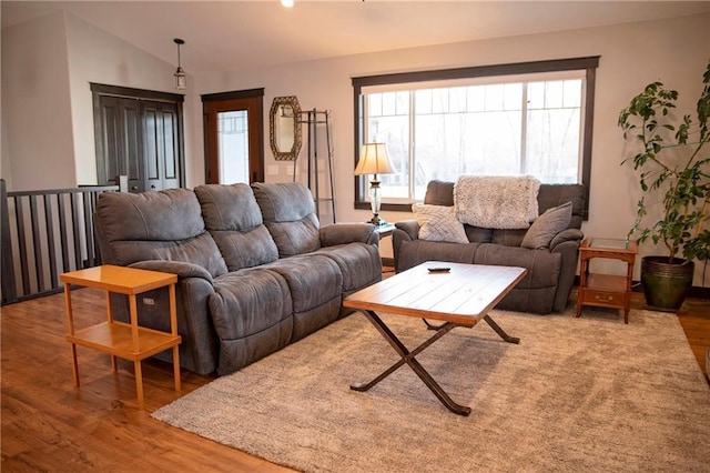 living room featuring lofted ceiling and wood finished floors