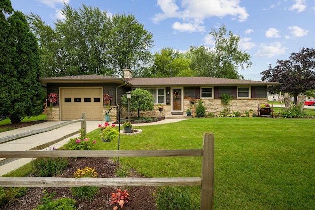 ranch-style house featuring a front lawn, stone siding, concrete driveway, a garage, and a chimney