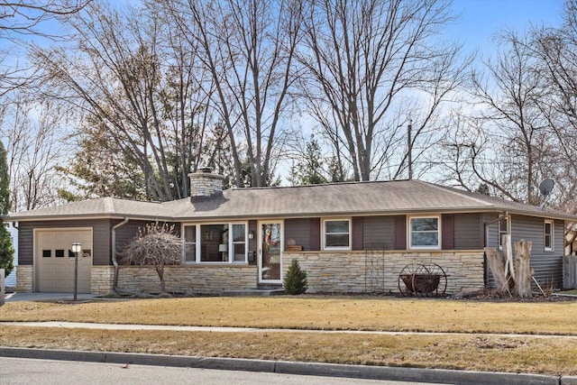 ranch-style house with stone siding, a front lawn, a chimney, and a garage