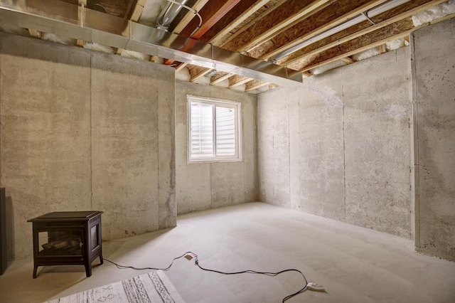 basement with a wood stove