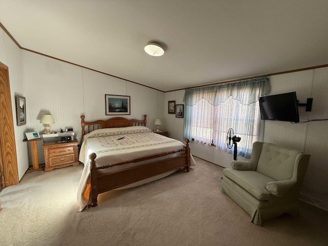 bedroom with lofted ceiling, light colored carpet, and crown molding