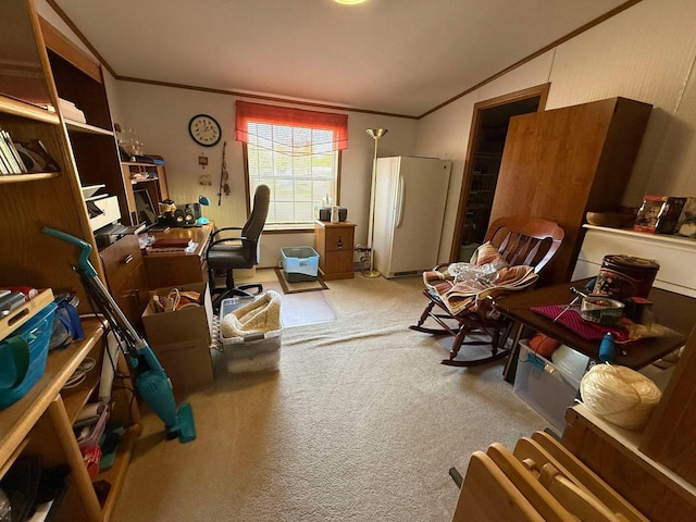 office area featuring crown molding, lofted ceiling, and carpet floors