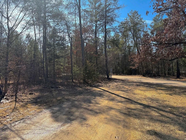 view of street featuring a wooded view