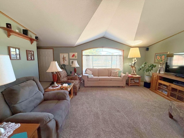 living room featuring vaulted ceiling, carpet, and a textured ceiling