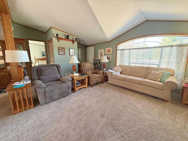 living room featuring a textured ceiling, ornamental molding, carpet flooring, and vaulted ceiling