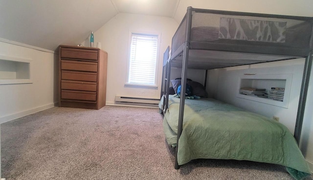 carpeted bedroom with baseboard heating, baseboards, and vaulted ceiling