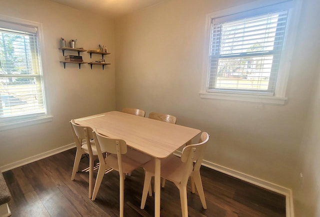 dining area with baseboards and dark wood-style flooring