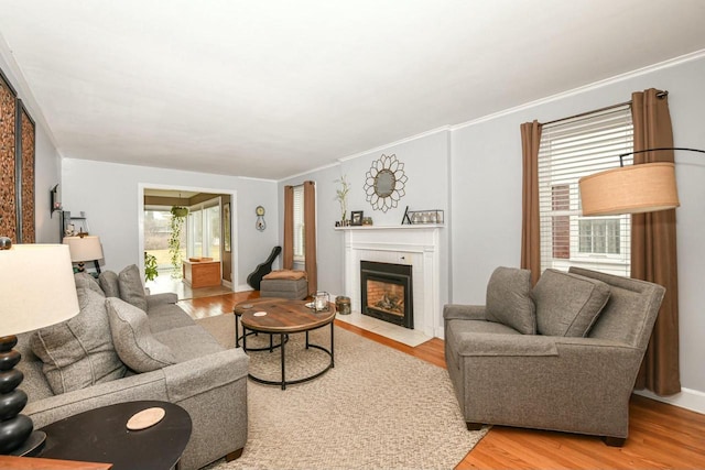 living area featuring baseboards, a fireplace, light wood-type flooring, and ornamental molding