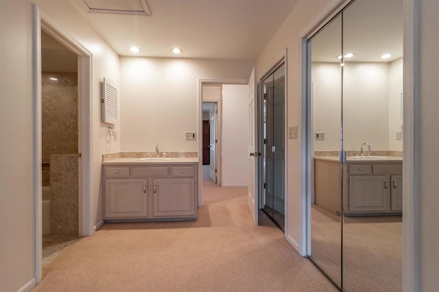 full bath with carpet flooring, recessed lighting, vanity, and a shower