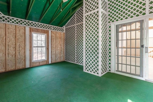 spare room featuring vaulted ceiling and carpet flooring