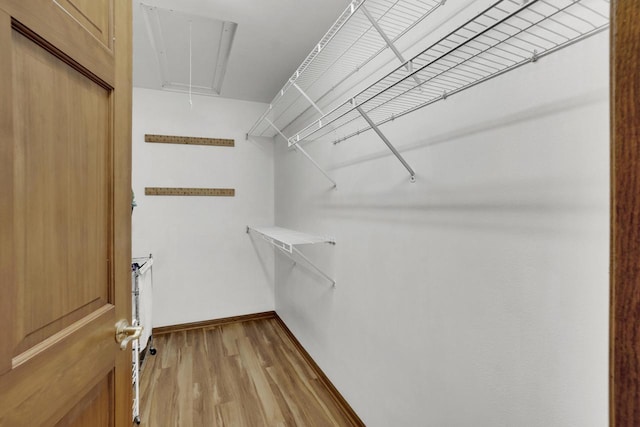 spacious closet with light wood-style flooring and attic access