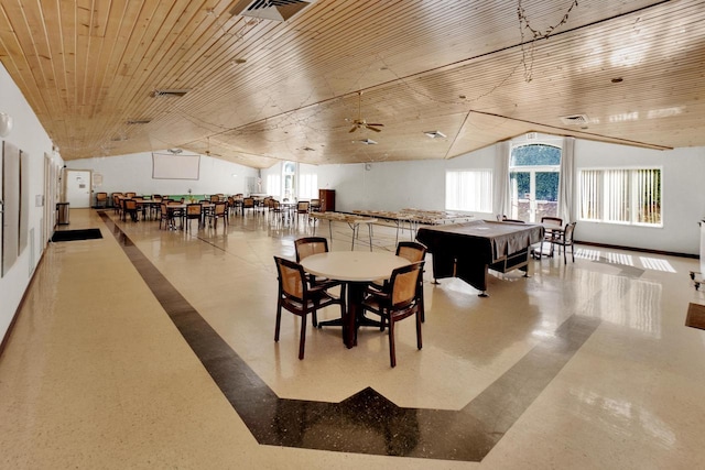 dining room with wooden ceiling, visible vents, and lofted ceiling