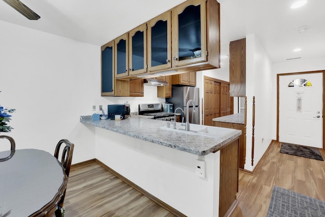 kitchen featuring baseboards, a peninsula, stainless steel appliances, light countertops, and light wood-type flooring