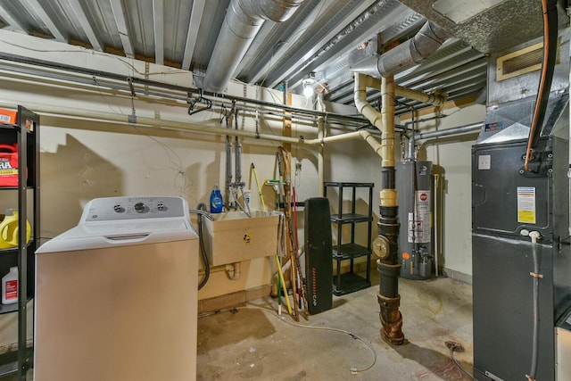 unfinished below grade area with gas water heater, heating unit, washer / clothes dryer, and a sink