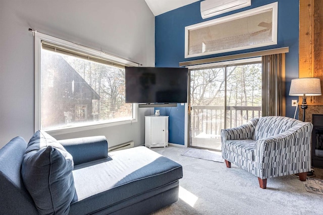 interior space featuring an AC wall unit, vaulted ceiling, carpet floors, and a baseboard radiator