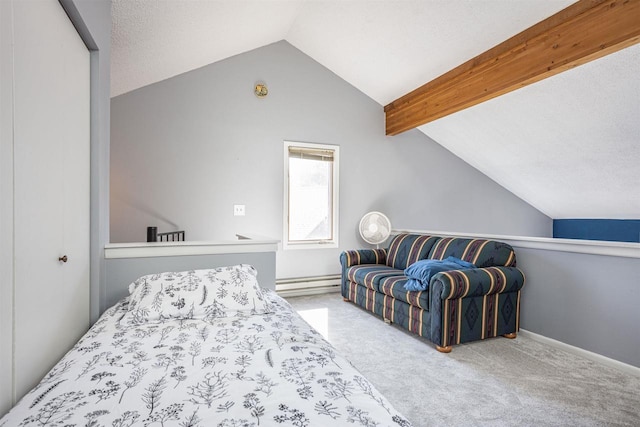 carpeted bedroom featuring a baseboard heating unit, vaulted ceiling with beams, and baseboards