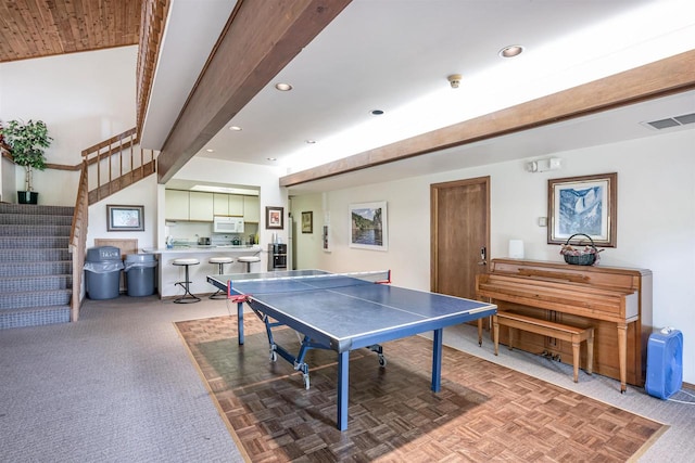 rec room featuring recessed lighting, visible vents, beam ceiling, and carpet