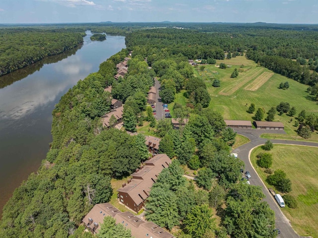 birds eye view of property with a water view and a wooded view