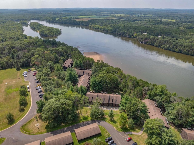 aerial view featuring a water view and a wooded view