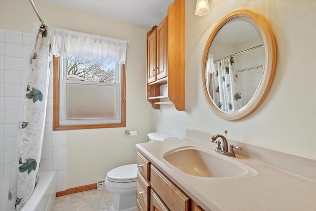 bathroom featuring vanity, baseboards, shower / bath combination with curtain, a baseboard heating unit, and toilet