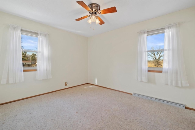 spare room featuring a ceiling fan, carpet, baseboards, and a baseboard radiator