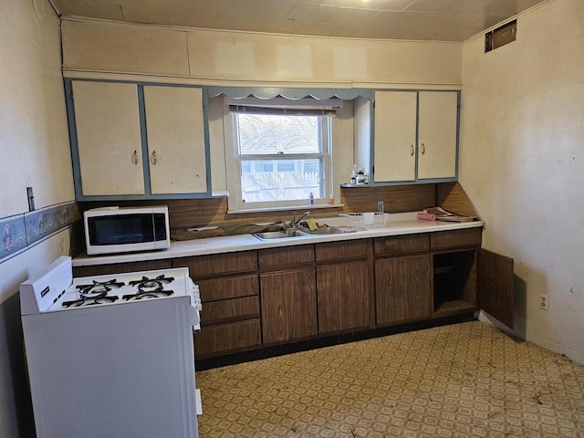 kitchen featuring a sink, white appliances, radiator, and light countertops