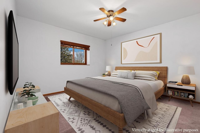 carpeted bedroom featuring baseboards and ceiling fan