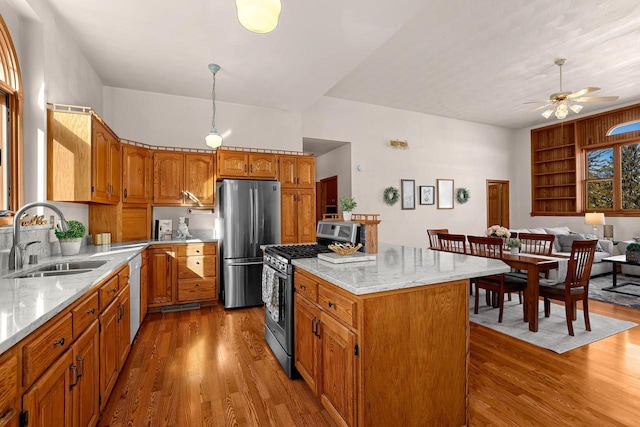 kitchen with a sink, wood finished floors, a ceiling fan, and stainless steel appliances