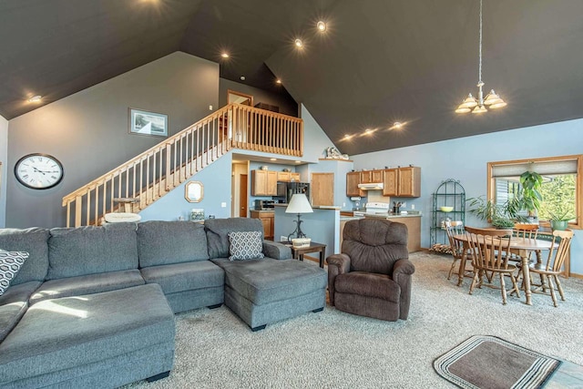 living area featuring stairs, light colored carpet, a chandelier, and high vaulted ceiling