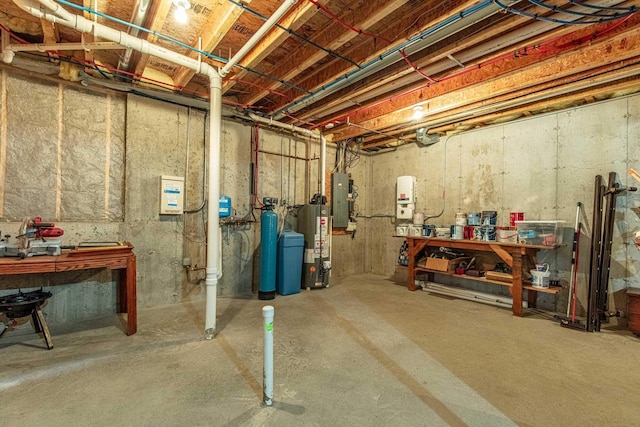 unfinished below grade area featuring gas water heater, a workshop area, and electric panel