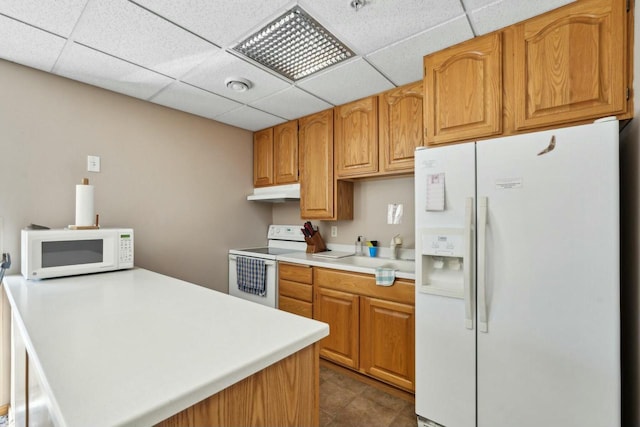 kitchen featuring under cabinet range hood, a sink, white appliances, light countertops, and a paneled ceiling