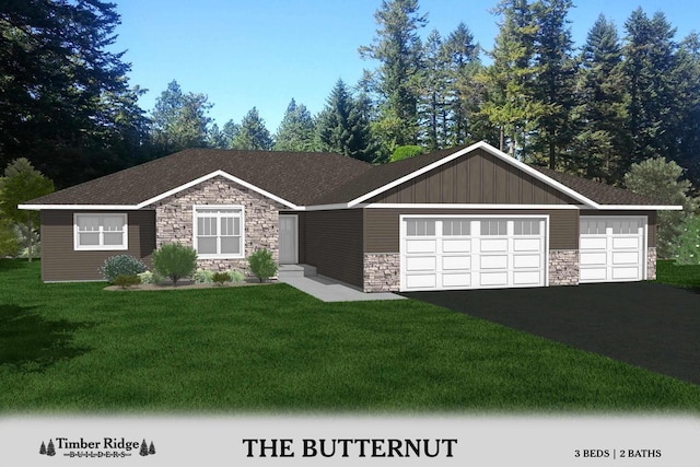 view of front of house with stone siding and a front lawn