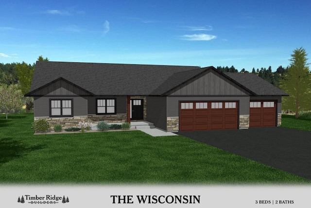 view of front of house with a shingled roof, a front lawn, aphalt driveway, a garage, and stone siding