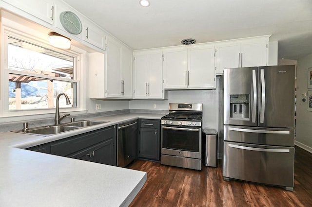 kitchen featuring a sink, dark wood-type flooring, white cabinets, and stainless steel appliances