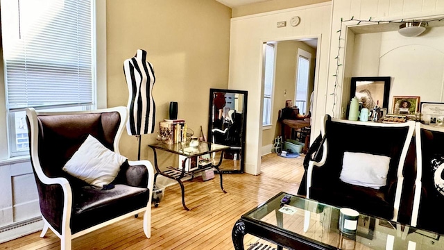 interior space featuring a baseboard heating unit and wood finished floors