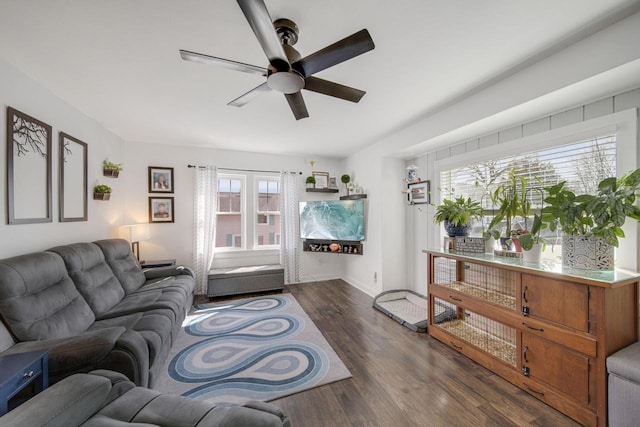 living room featuring wood finished floors and a ceiling fan