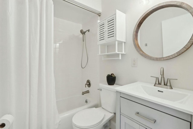 full bath with vanity, shower / bath combination with curtain, and toilet