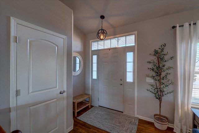 entrance foyer featuring baseboards, dark wood-style flooring, and a wealth of natural light