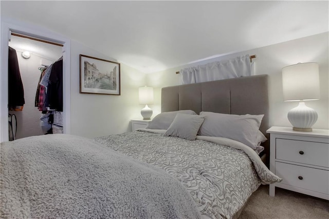 bedroom with lofted ceiling and carpet floors